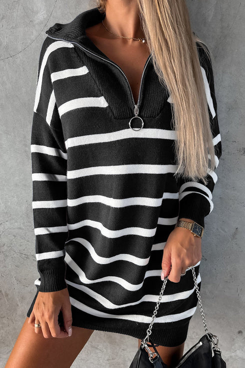Striped O-Ring Zip Front Collared Drop Shoulder Long Sleeve Sweater Dress